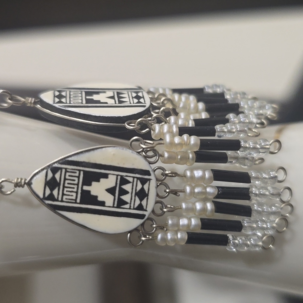 Southwestern Black And White Native American Beaded Fringe Earrings - Picture 2 of 4